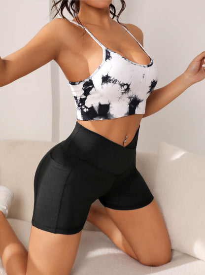 High-Waist Cross Waist Biker Shorts with Pockets
