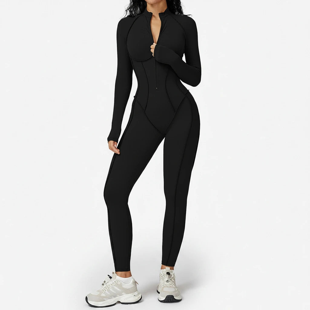 FlexSculpt Zip-Up Yoga Bodysuit – Long Sleeve Compression Jumpsuit
