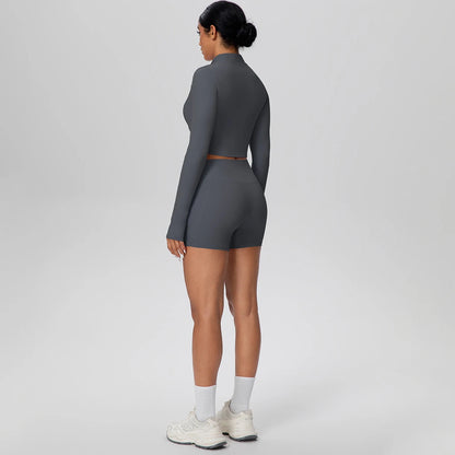 Women's Quick-Dry Running & Yoga Set – Zip-Up Jacket & Pocket Workout Shorts (2-Piece Activewear Set)