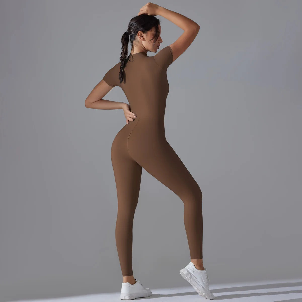 Zip-Up Short Sleeve Fitness Jumpsuit