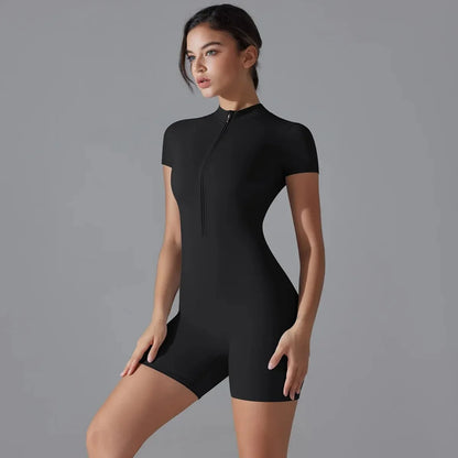 Zip-Up Short Sleeve Yoga Jumpsuit