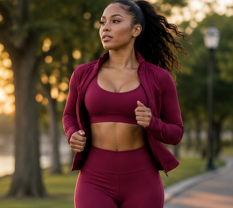 A woman jogging outdoors on a paved path during sunset, wearing a matching burgundy activewear set consisting of a sports bra, cropped jacket, and high-waisted flared leggings.